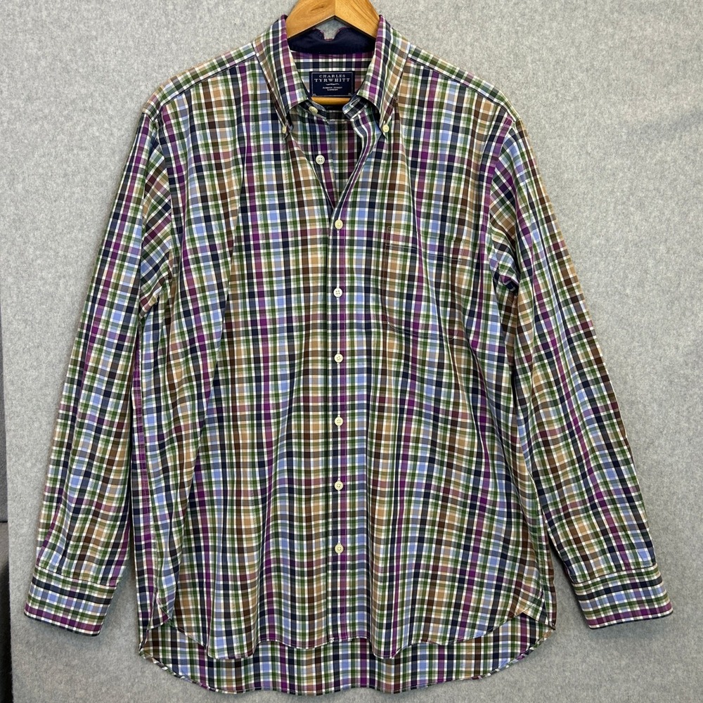 Charles Tyrwhitt Button Down Shirt Jewel Tone Plaid Poplin Cotton Office Mens XL
